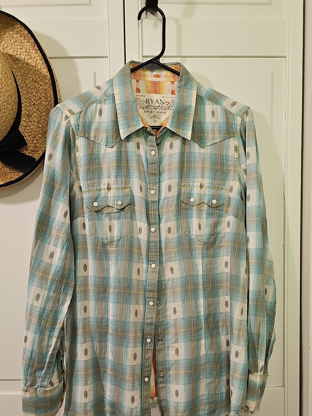 Ryan Michael CowboyCore Women's Plaid Pearl Snap-Down Shirt With Frayed Edges.